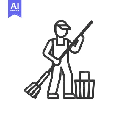 Bold line art icon of a janitor in uniform with a broom and bucket.