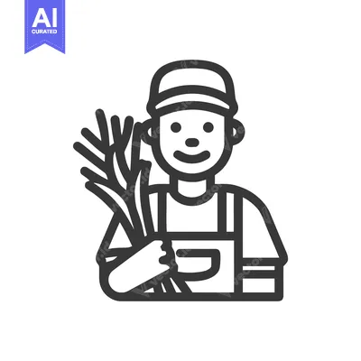 Aset desain premium: Minimalist Line Icon of a Happy Farmer with Harvested Grain