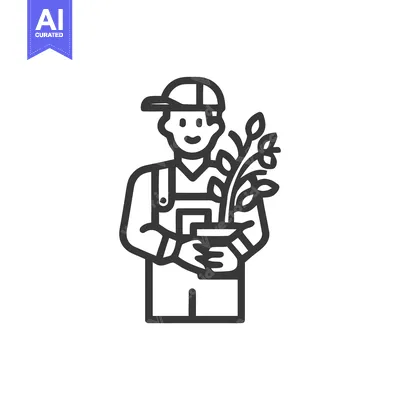 Smiling Gardener in Overalls Holding a Potted Sapling Line Icon