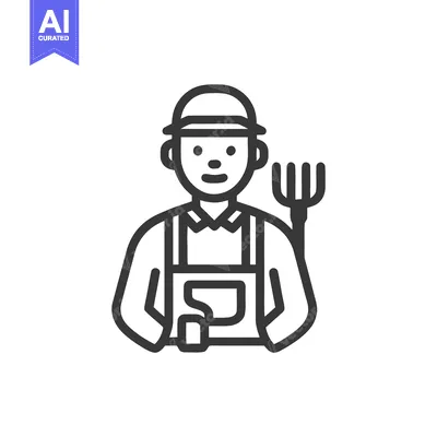 Bold Line Art Icon of a Friendly Farmer in Overalls Holding a Pitchfor