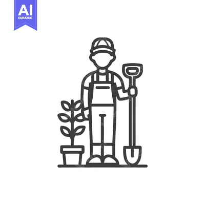 Professional Gardener Character with Tools, Minimalist Outline Icon