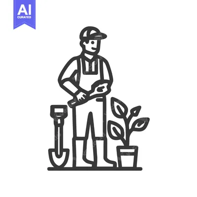 Minimalist Line Icon of a Smiling Gardener with Shovel and Potted Plan