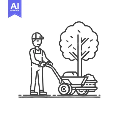 Aset premium populer: Landscaper in Overalls Pushing Wheelbarrow with Tree Sapling Line Icon