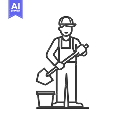 Minimalist Line Art Icon of a Construction Worker with Shovel and Buck