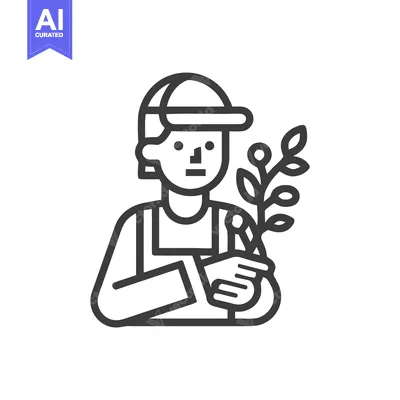 Minimalist Line Art Icon of a Farmer Nurturing a Young Sapling