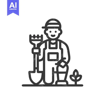 Modern Line Art Icon of a Cheerful Gardener with Tools and Sprout