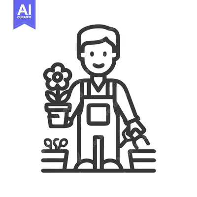 Aset desain premium: Friendly Gardener in Overalls Tending to Plants, Minimalist Outline Ic