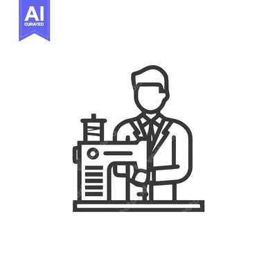 Stylized Line Art Icon of a Tailor or Seamster Operating a Sewing Mach