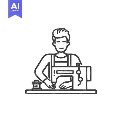 Minimalist Line Art Icon: Person Operating Sewing Machine, Crafting Te