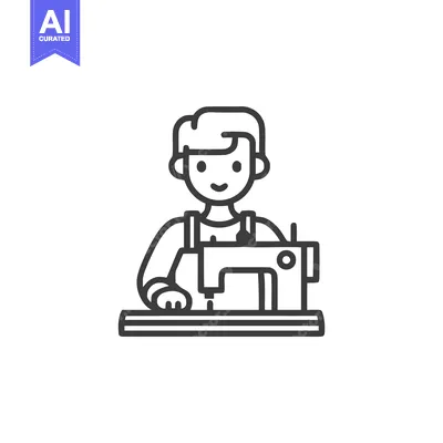 Smiling Person Operating Sewing Machine, Minimalist Line Art Icon for