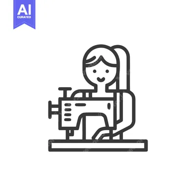 Aset premium populer: Smiling Woman Operating Sewing Machine Line Art Icon for Creative Hobb