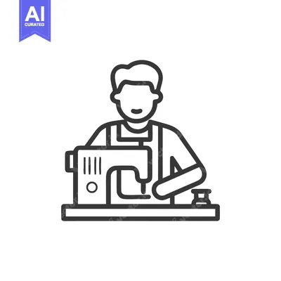 Monochrome Line Art Icon: Person Sewing on Machine, Crafting, Tailorin