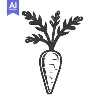 A black and white illustration of a carrot with leaves
