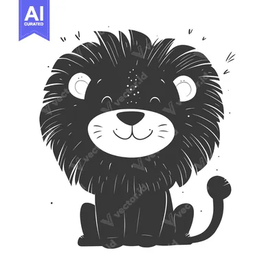 A black and white illustration of a cartoon lion with a fluffy mane