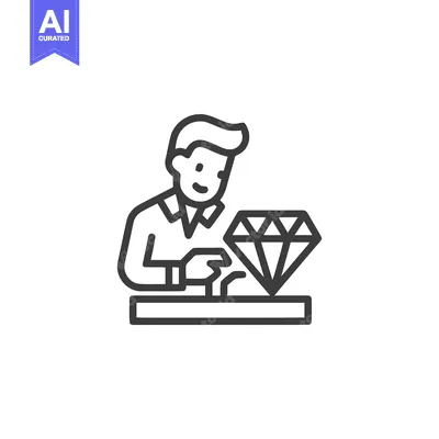 Outline Icon of a Smiling Gemologist Examining a Large Diamond