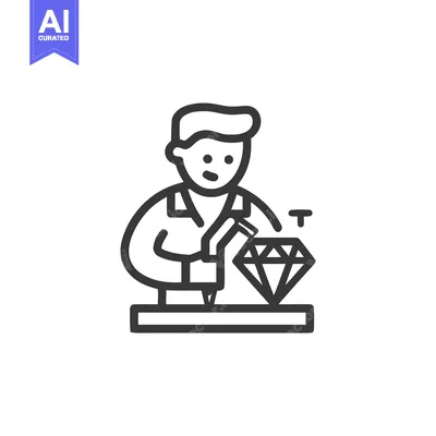 Minimalist Line Icon of Jeweler Crafting Diamond with Tool, Illustrati