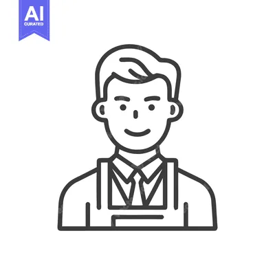 Aset desain premium: Smiling Male Service Worker in Apron and Tie, Modern Line Art Avatar I