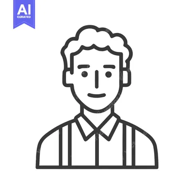 Minimalist Line Art Icon of Smiling Man with Curly Hair and Suspenders