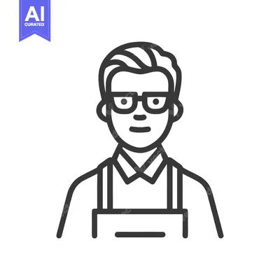 Aset premium populer: Stylized Line Art Icon of Man with Glasses and Apron, Ideal for Servic