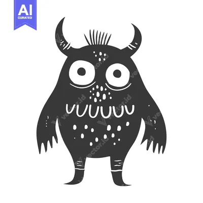 A Black and White Illustration of a Cartoon Monster with Big Eyes, Hor