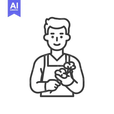 Smiling Gardener Holding Cotton Plants Line Art Icon on White Backgrou