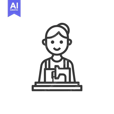 Popular premium asset: Minimalist Line Art Icon of a Smiling Woman Operating a Sewing Machine
