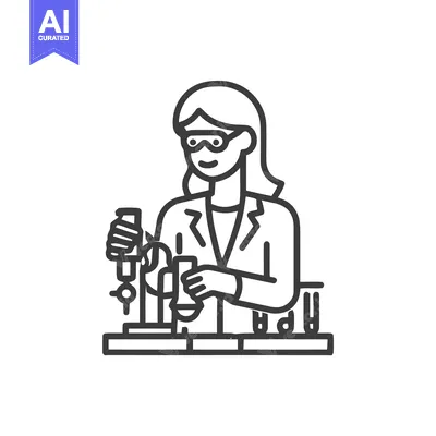 Aset desain premium: Line Art Icon: Female Scientist in Lab Coat and Goggles Performing Che