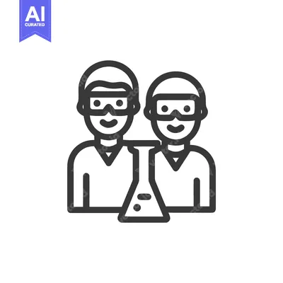 Aset desain premium: Minimalist Line Icon of Two Smiling Scientists with Lab Goggles and a