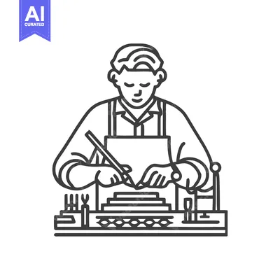 Focused Artisan at Workbench: A Minimalist Line Art Icon of Engraving