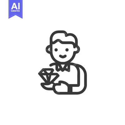 Smiling Man with Bow Tie Holding a Large Diamond, Minimalist Line Icon