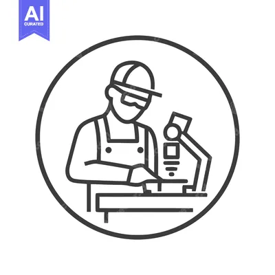 Aset premium populer: Circular Line Art Icon of a Focused Technician at a Precision Workbenc