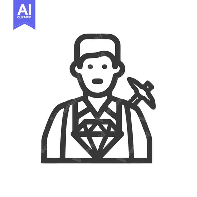 Aset desain premium: Bold line art icon of a diamond miner with a pickaxe and a large facet