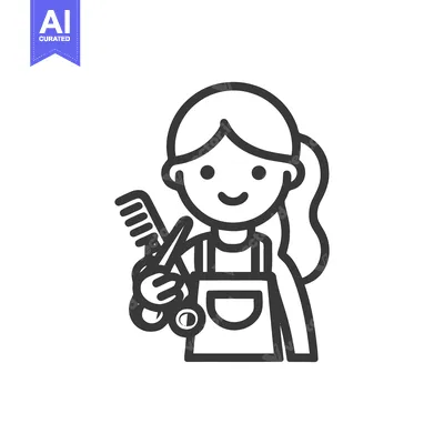 Aset premium populer: Smiling Female Hairdresser with Ponytail, Minimalist Line Art Icon