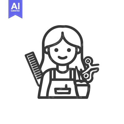 Friendly Hairdresser Woman Line Art Icon with Comb and Scissors, a Min
