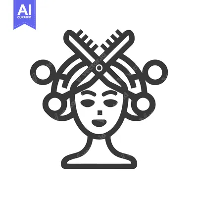 Aset desain premium: Elegant Hair Stylist Icon: Woman with Curlers, Scissors, and Comb