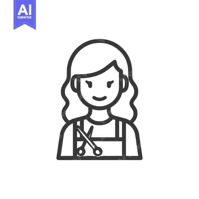 Minimalist Line Art Icon of Smiling Female Hairdresser with Scissors a