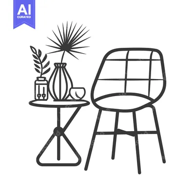 Premium design asset: A Black and White Illustration of a Chair and Table with Plants