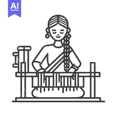 Serene Indian Weaver at a Traditional Handloom, Minimalist Line Art Ic