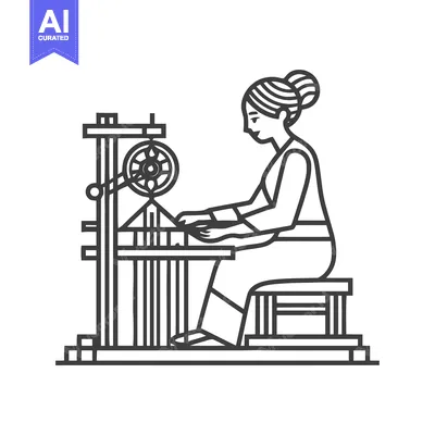 Elegant Line Art of a Traditional Artisan Woman Weaving on a Handloom
