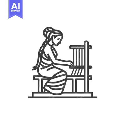 Minimalist Line Art Icon of a Woman Weaving on a Traditional Handloom
