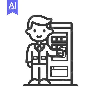 Monochrome Line Art Icon of a Smiling Man Purchasing from a Vending Ma