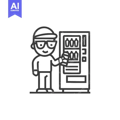 Smiling Man with Glasses at a Beverage Vending Machine Line Art Icon