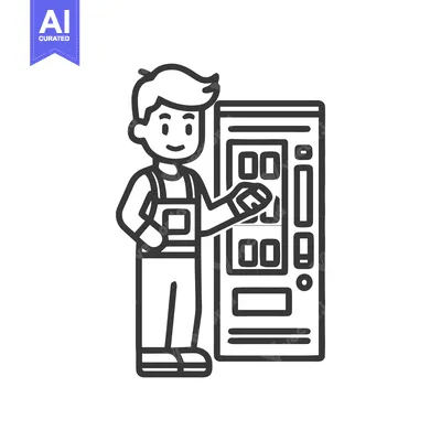 Friendly Technician in Overalls Standing by a Vending Machine Line Art