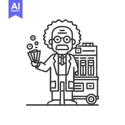 Eccentric Scientist with Bubbling Concoction and Machine Line Icon