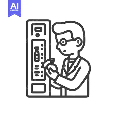 Scientist at Vending Machine, Minimalist Line Art Icon for Refreshment