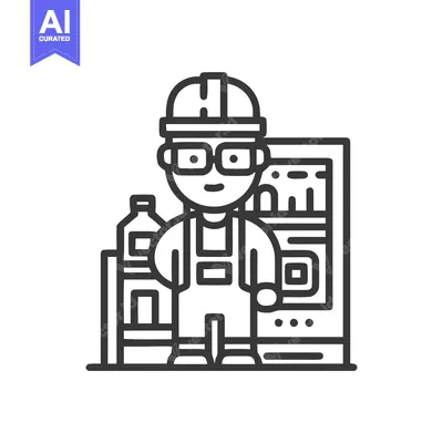 Aset premium populer: Smiling Industrial Worker in Hard Hat and Overalls, Minimalist Line Ar
