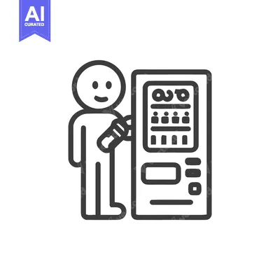 Cheerful stick figure with a soda can next to a vending machine, a min