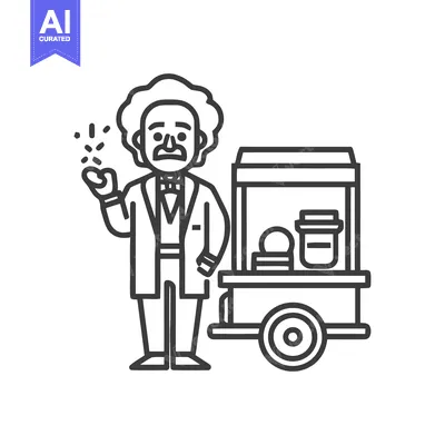 Quirky Scientist Caricature with Street Food Cart Line Icon