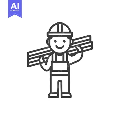 Aset desain premium: Monochrome Line Art of a Happy Builder with Planks on Shoulder