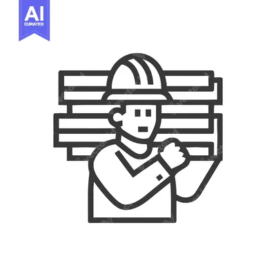 Aset desain premium: Hard Hat Laborer Carrying Wooden Beams, a Simple Line Art Vector